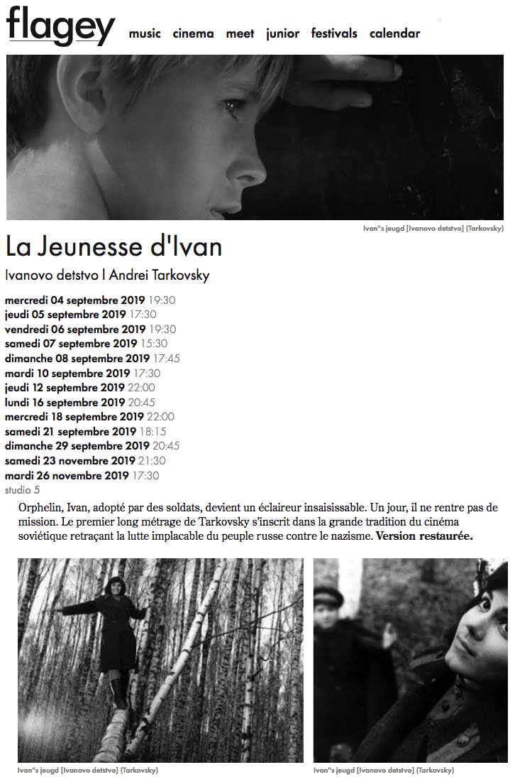 Page Internet. Flagey Cinematek. La Jeunesse d|Ivan. Ivanovo detstvo d|Andrei Tarkovsky. 2019-09-04